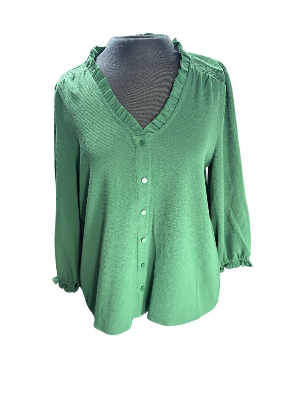 Cece Green Ruffle Neck Blouse With Long Sleeves & Button Front Womens Size XL